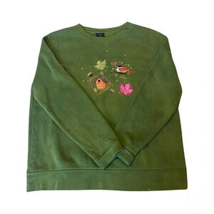 Vintage Basic Edition Green Bird Fall Pullover Long Sleeve Sweatshirt Women's‎ M